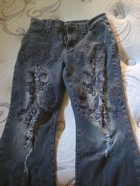 Women’s Dark Wash Embroidered Distressed Jeans - Blue